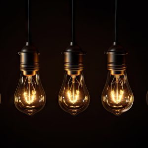 A row of light bulbs hanging on a wire created with Generative AI technology